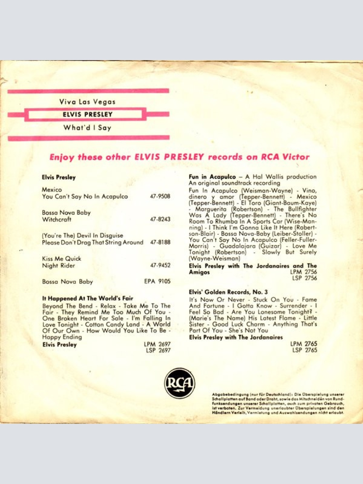 Vinyl / Elvis* - Viva Las Vegas / What'd I Say