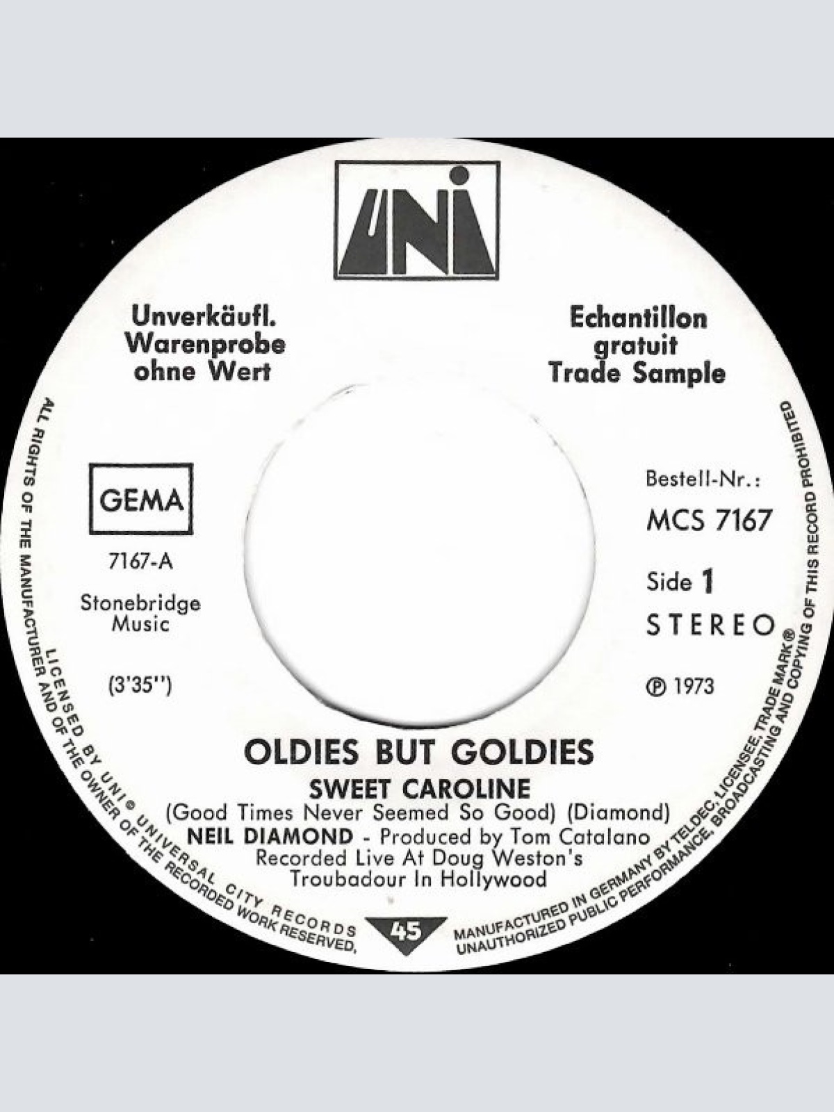 Vinyl / Neil Diamond - Sweet Caroline / Cracklin' Rosie