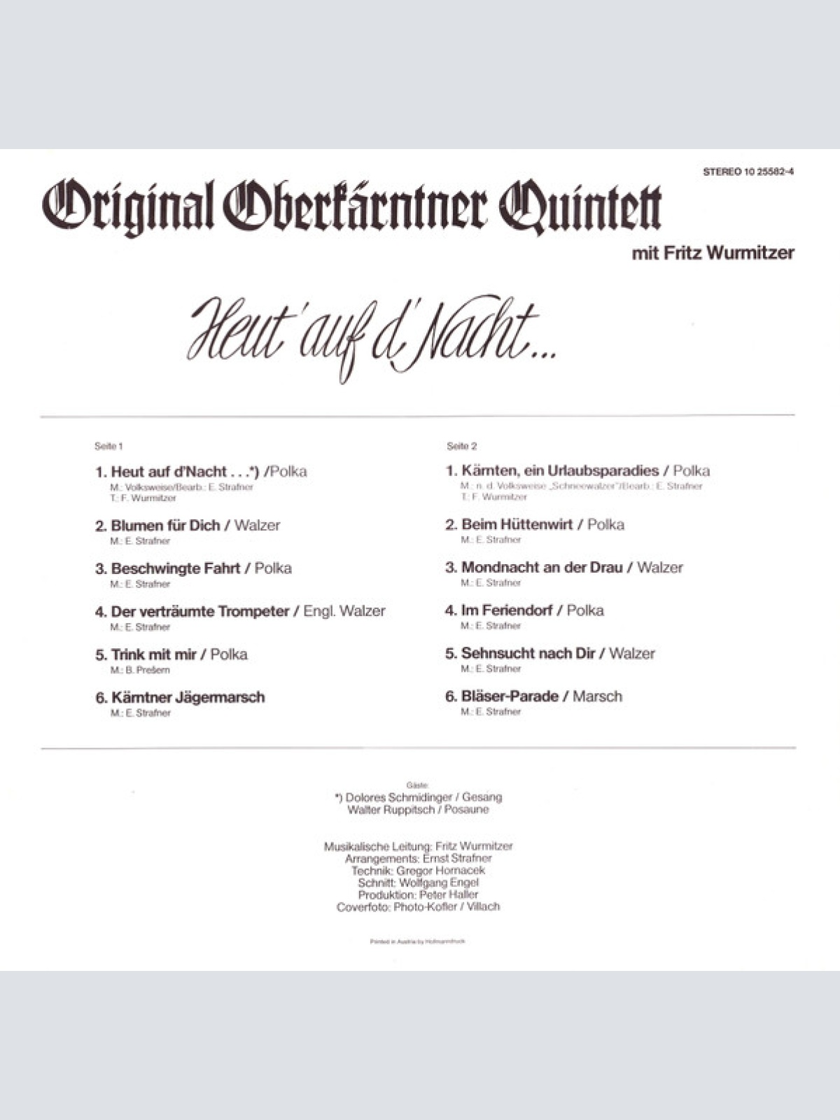 Vinyl / Original Oberkärntner Quintett* Mit Fritz Wurmitzer - Heut' Auf D'Nacht...