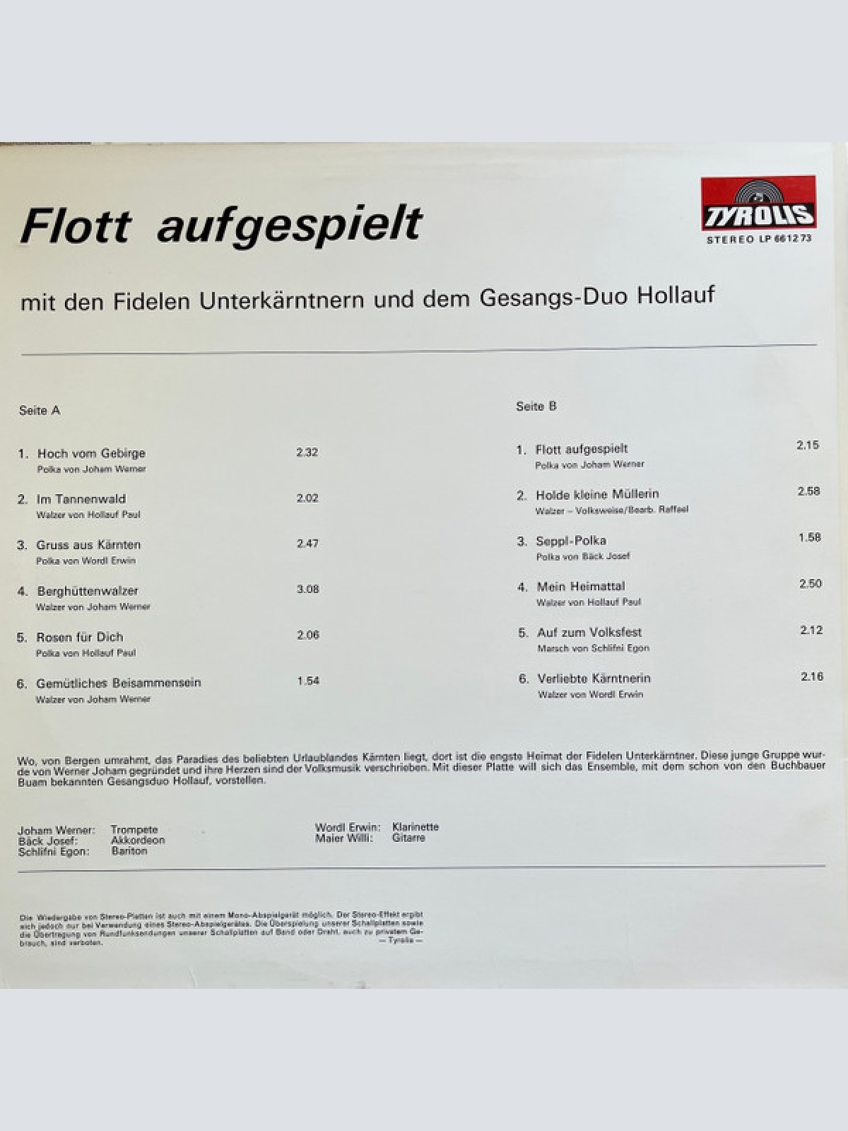 Vinyl / Die Fidelen Unterkärntner Und Das Gesangs-Duo Hollauf* - Flott Aufgespielt