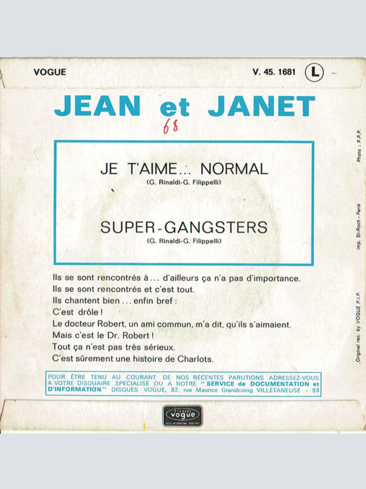 Vinyl / Jean & Janet* - Je T'aime... Normal / Super-Gangsters