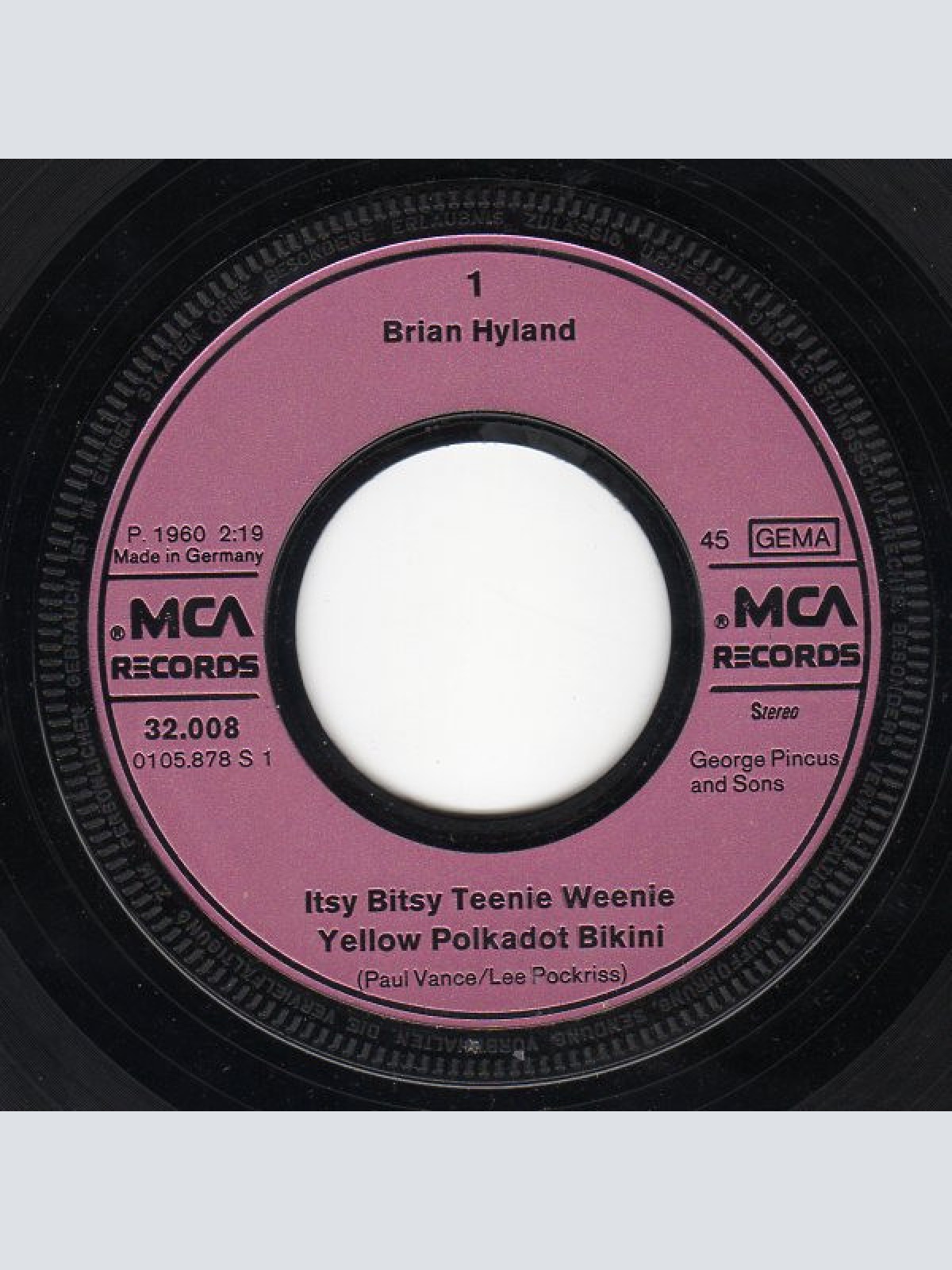 Vinyl / Brian Hyland - Itsy Bitsy, Teenie Weenie Yellow Polkadot Bikini / Clickety Clack Song