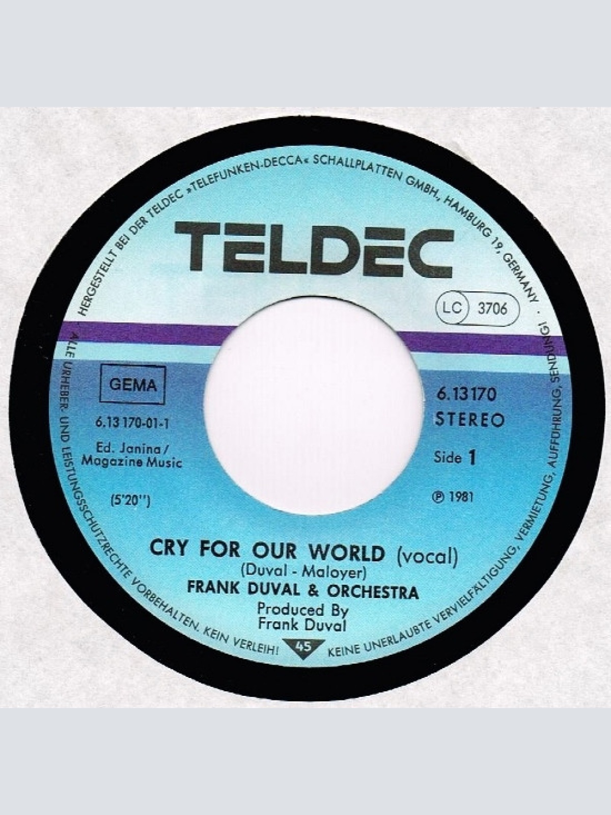 Vinyl / Frank Duval & Orchestra - Cry (For Our World)
