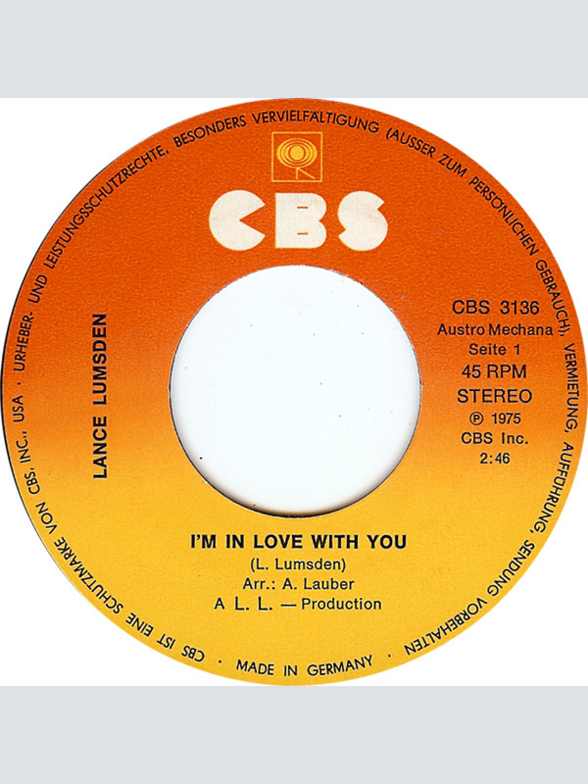 Vinyl / Lance Lumsden - I'm In Love With You / Roll Down Your Hair