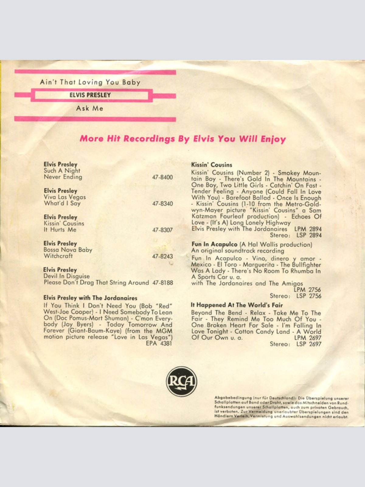 Vinyl / Elvis* - Ain't That Loving You Baby