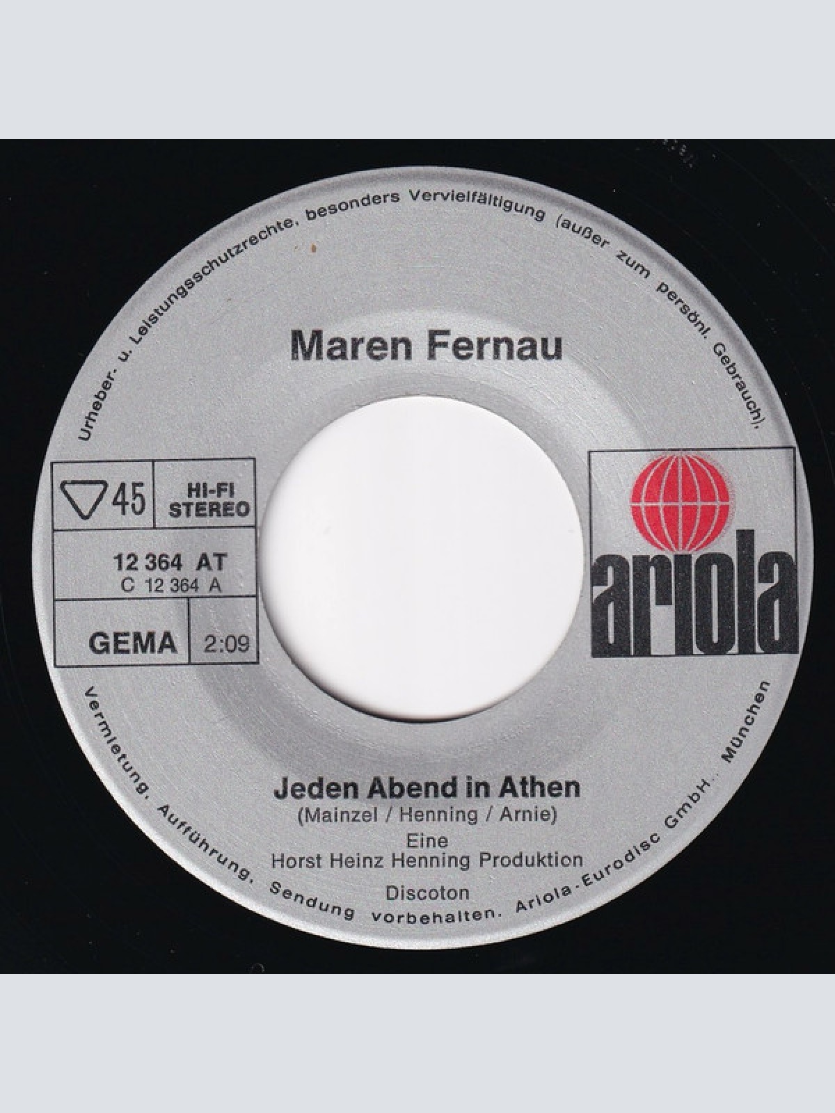 Vinyl / Maren Fernau - Jeden Abend In Athen / Lieben Heißt Leben Mit Dem Risiko