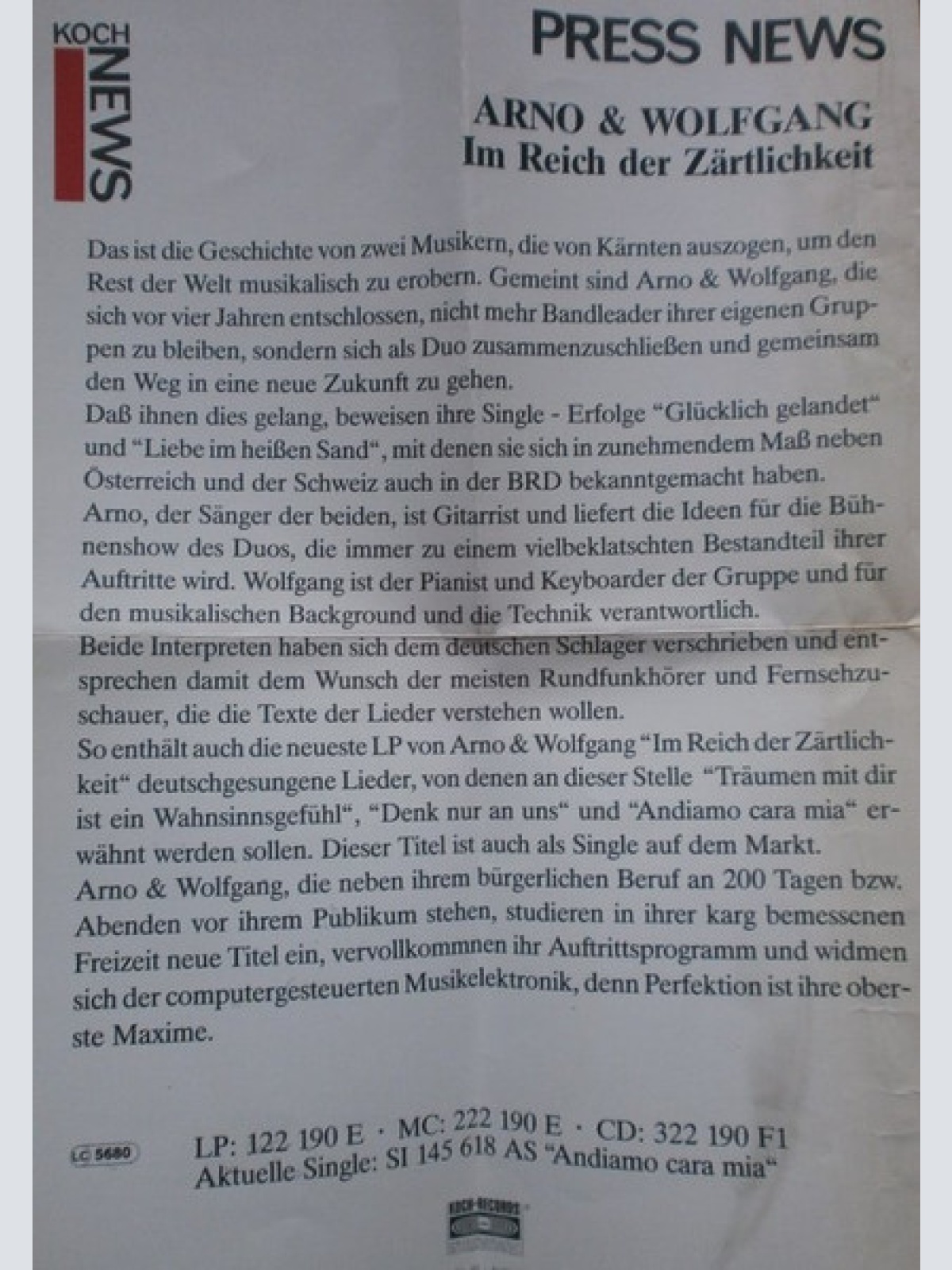 Vinyl / Arno & Wolfgang - Andiamo Cara Mia