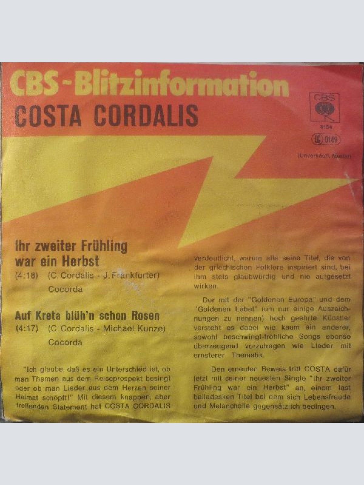 Vinyl / Costa Cordalis - Ihr Zweiter Frühling War Ein Herbst