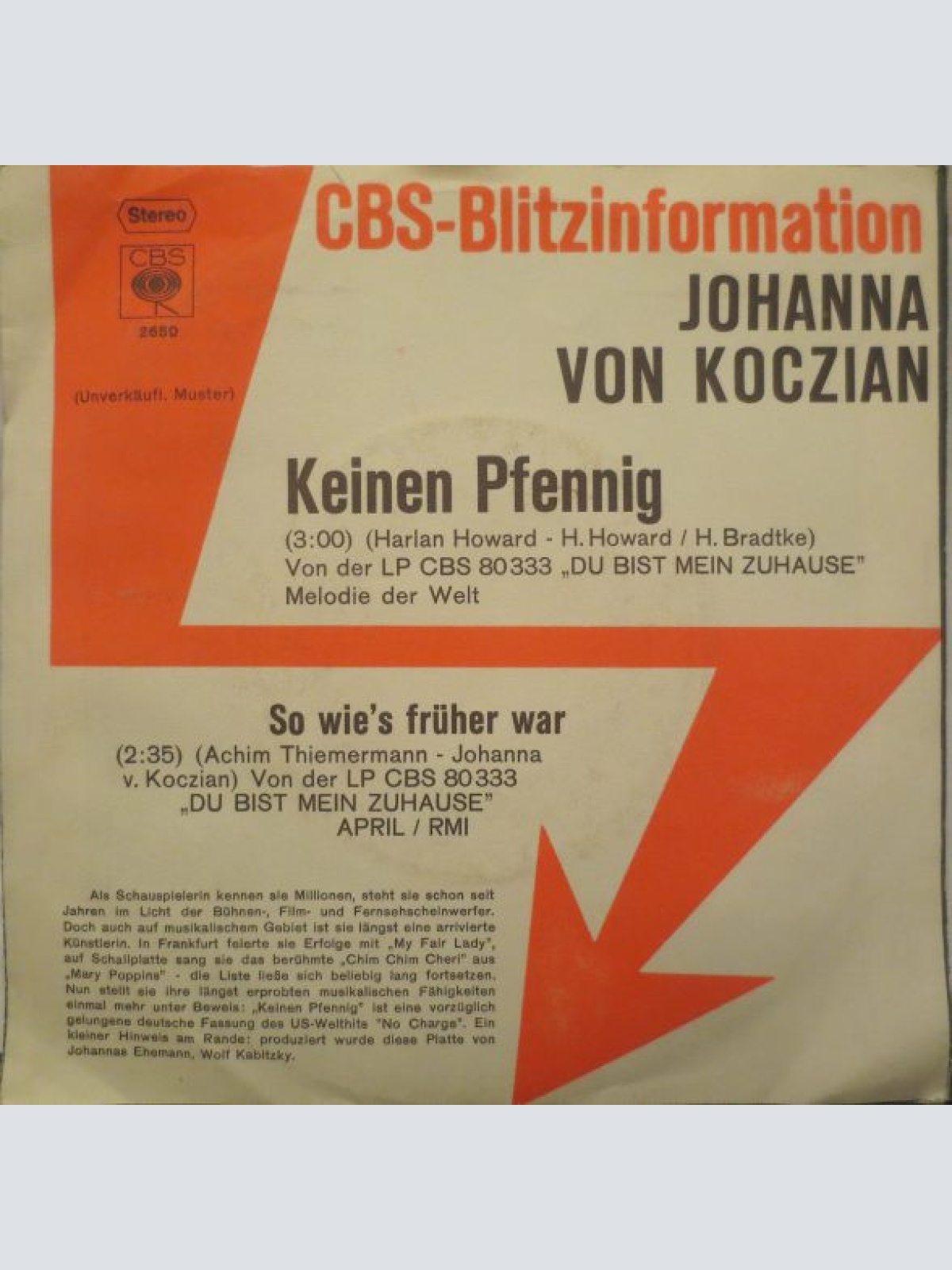 Vinyl / Johanna Von Koczian - Keinen Pfennig / So Wie's Früher War