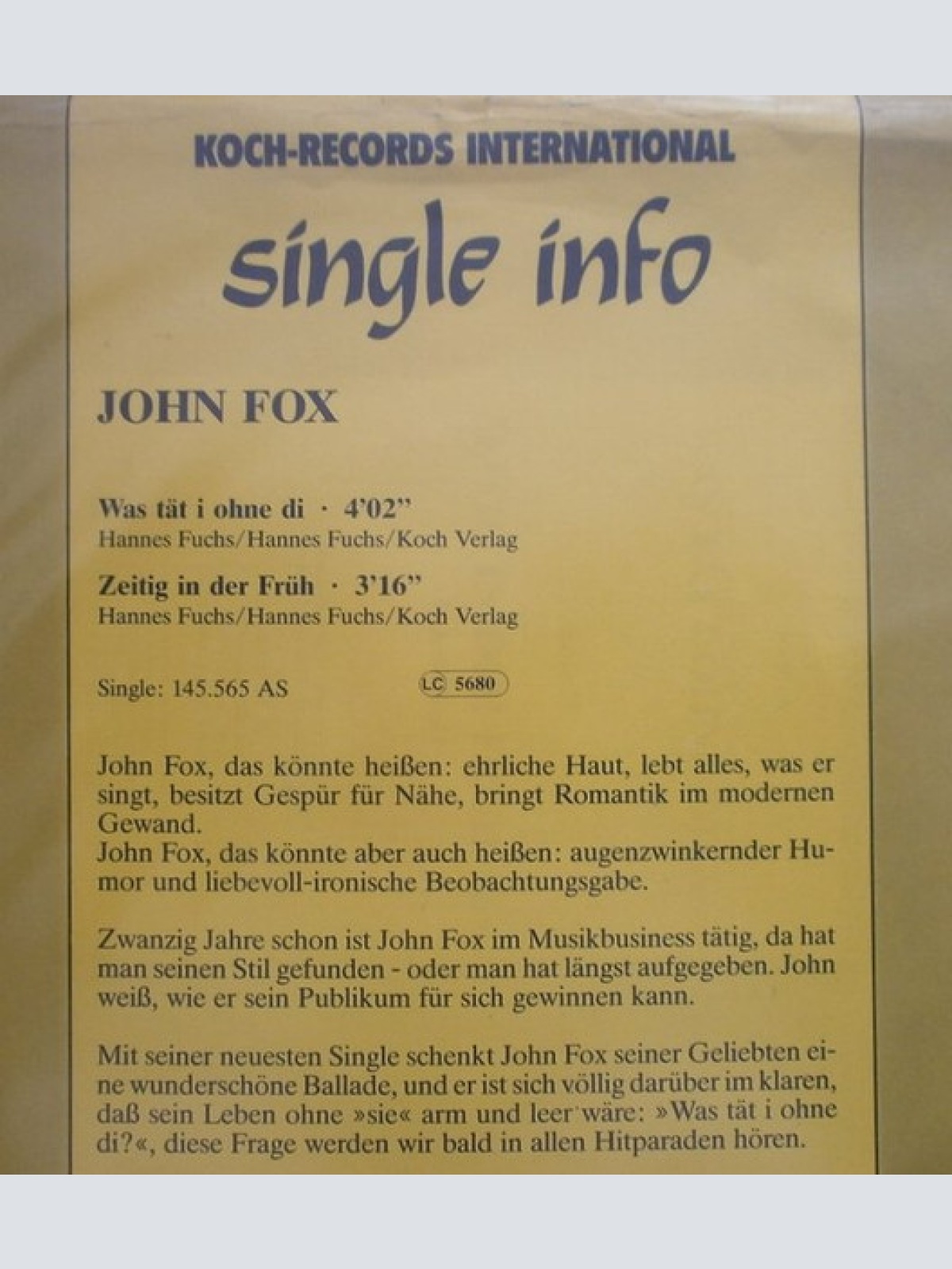 Vinyl / John Fox (4) - Was Tät I Ohne Di