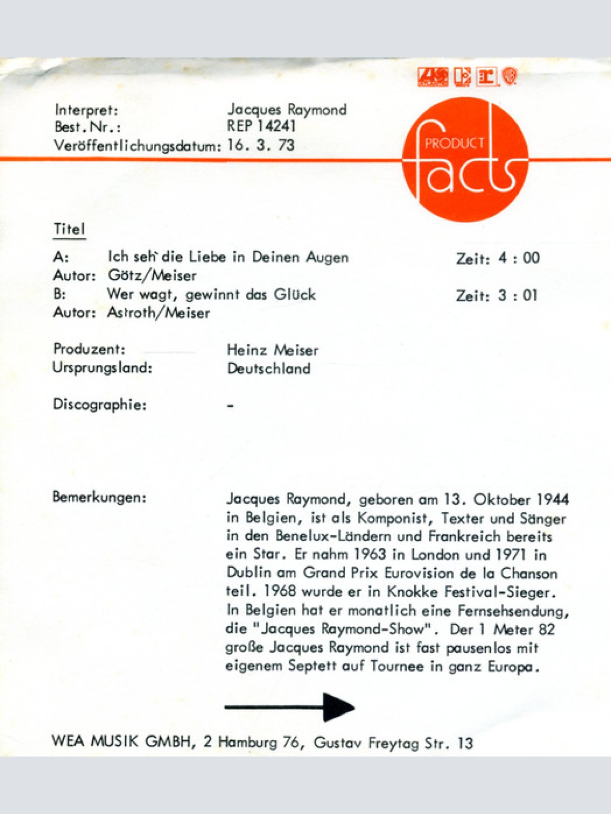 Vinyl / Jacques Raymond - Ich Seh' Die Liebe In Deinen Augen