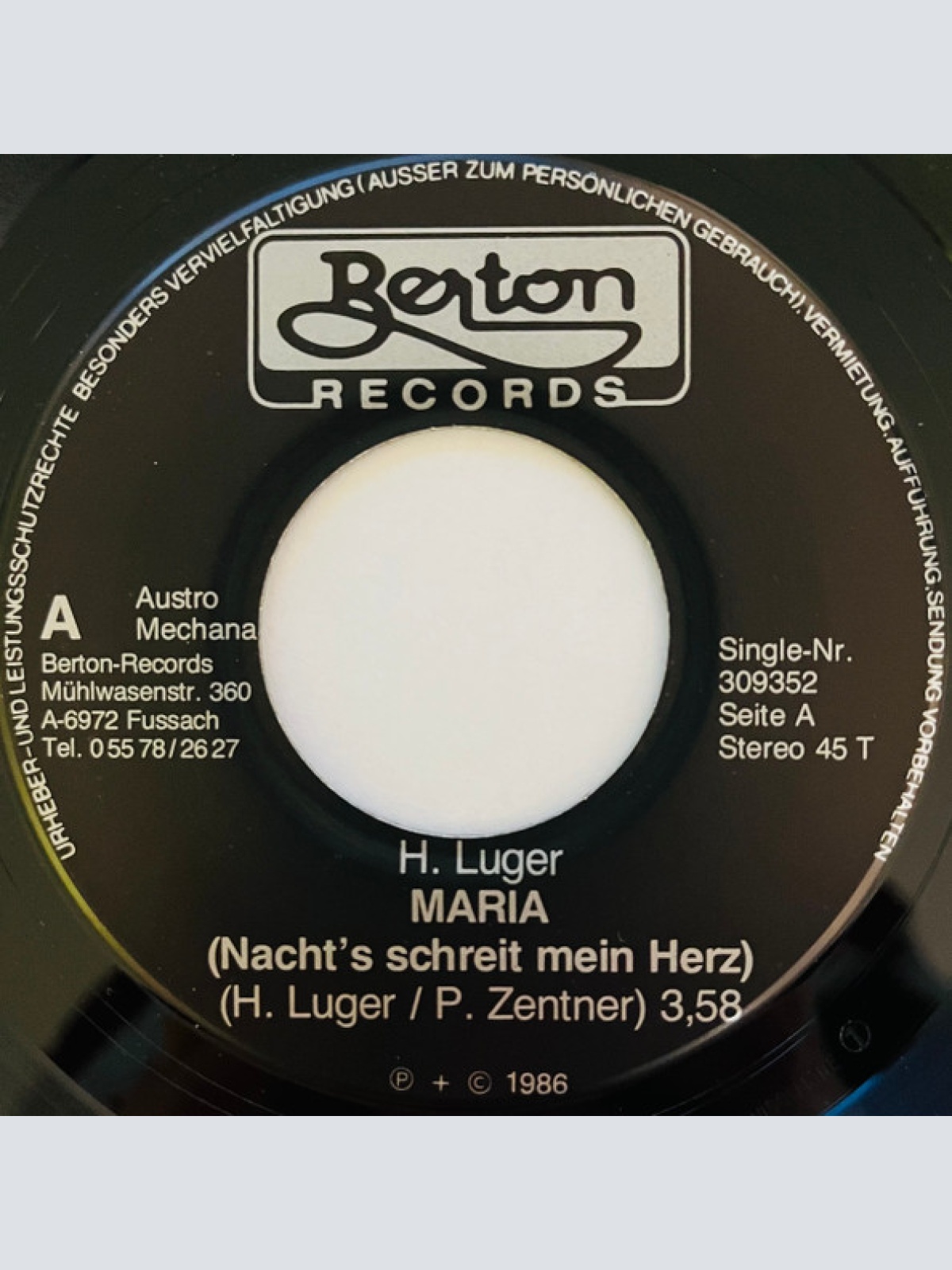 Vinyl / H. Luger* - Maria (Nacht‘s Schreit Mein Herz)