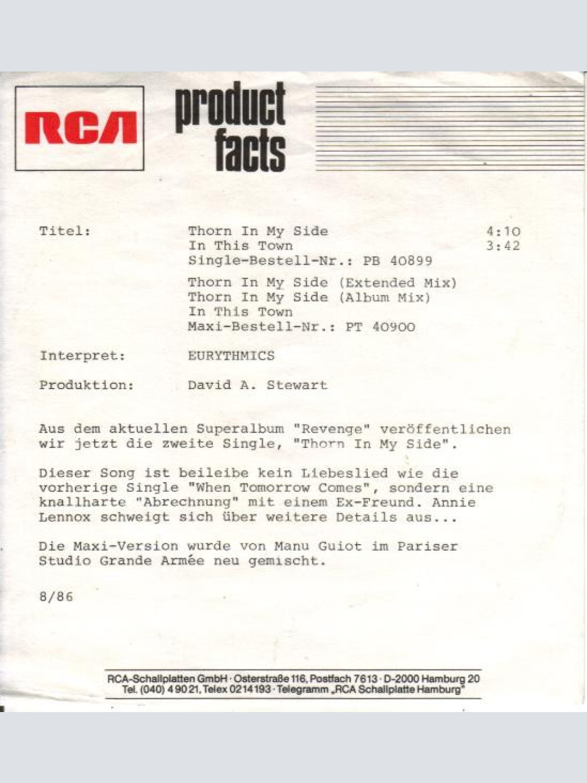 Vinyl / Eurythmics - Thorn In My Side