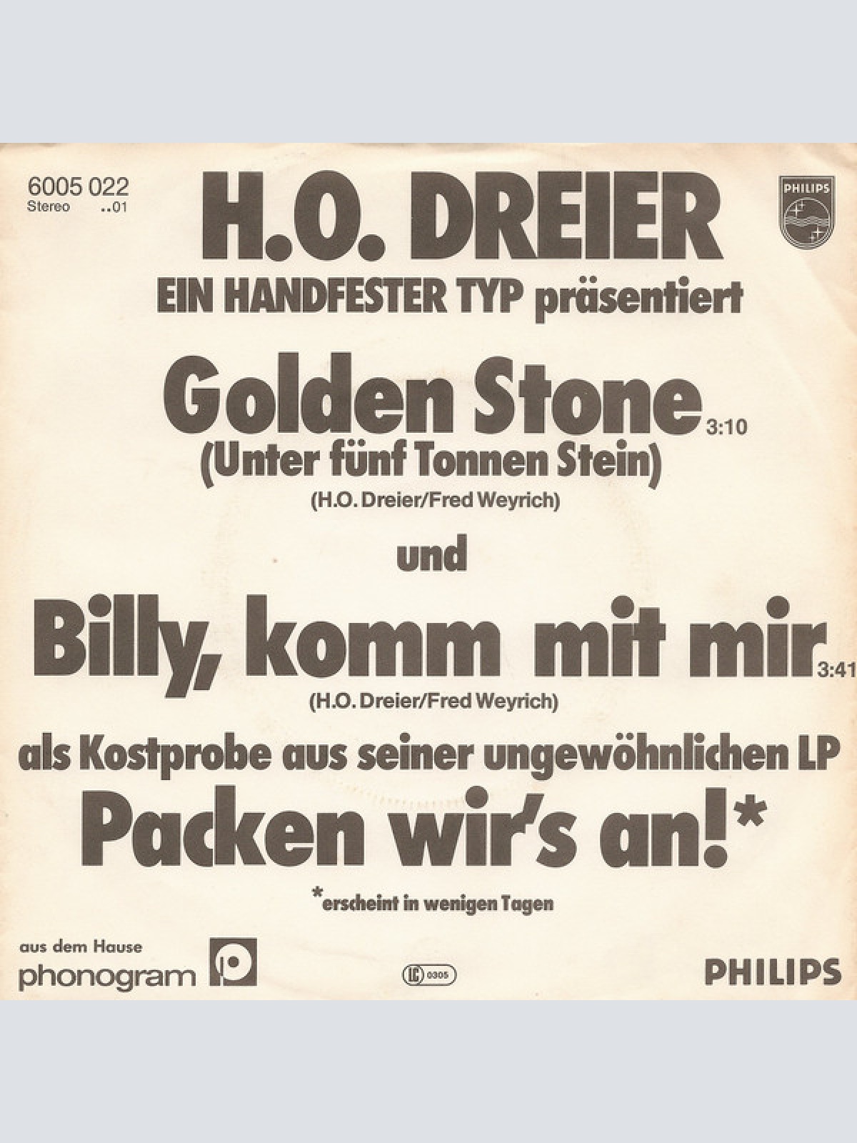 Vinyl / H. O. Dreier - Golden Stone (Unter Fünf Tonnen Stein)