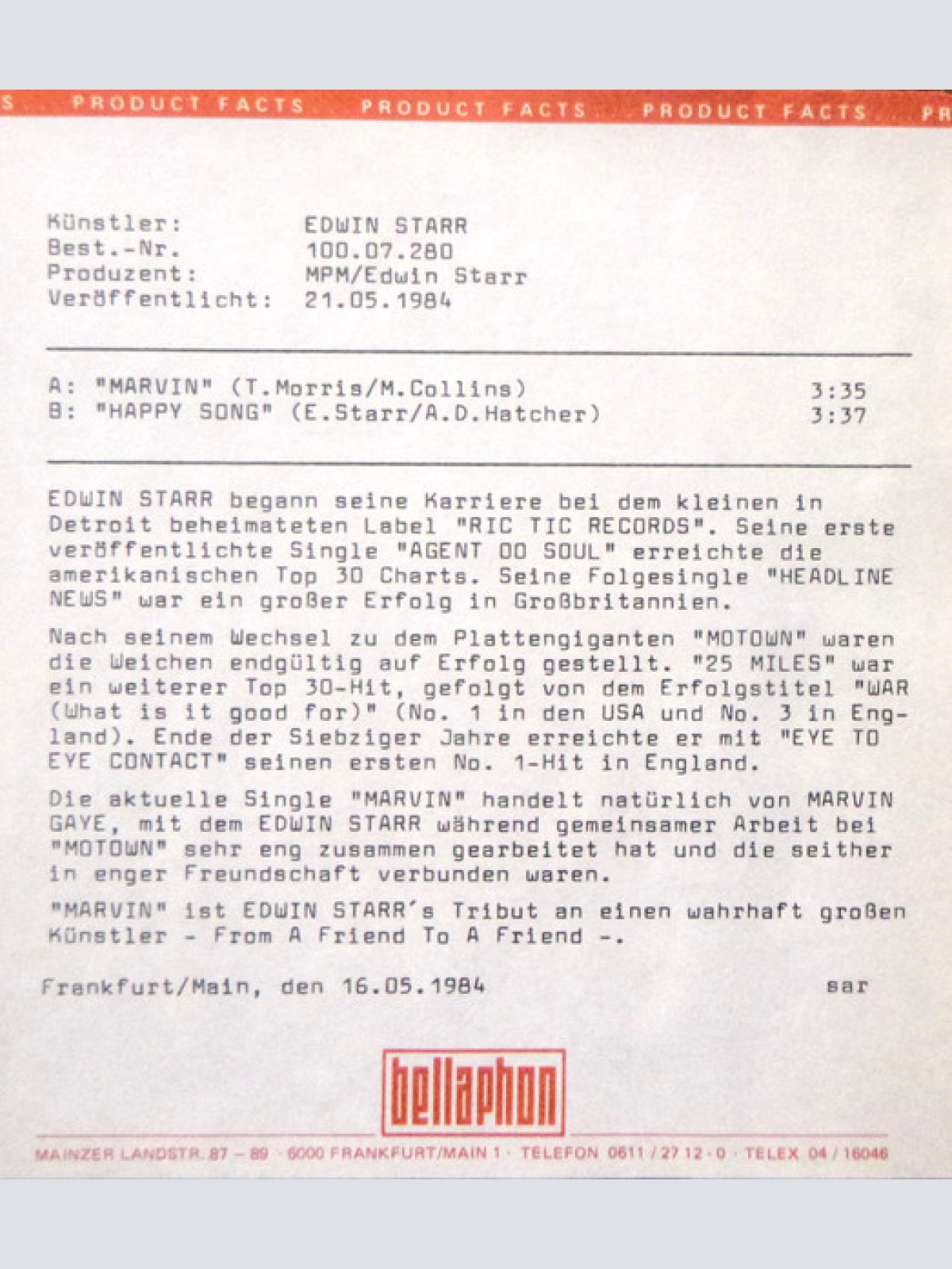 Vinyl / Edwin Starr - Marvin (From A Friend To A Friend)