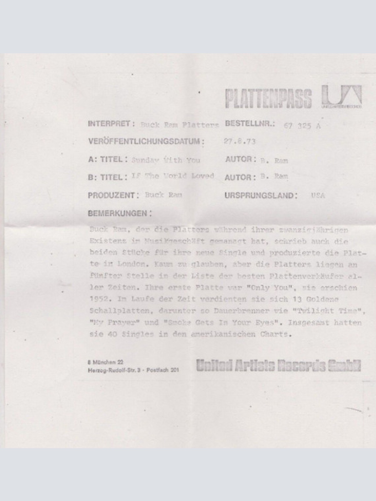 Vinyl / The Buck Ram Platters - Sunday With You / If The World Loved