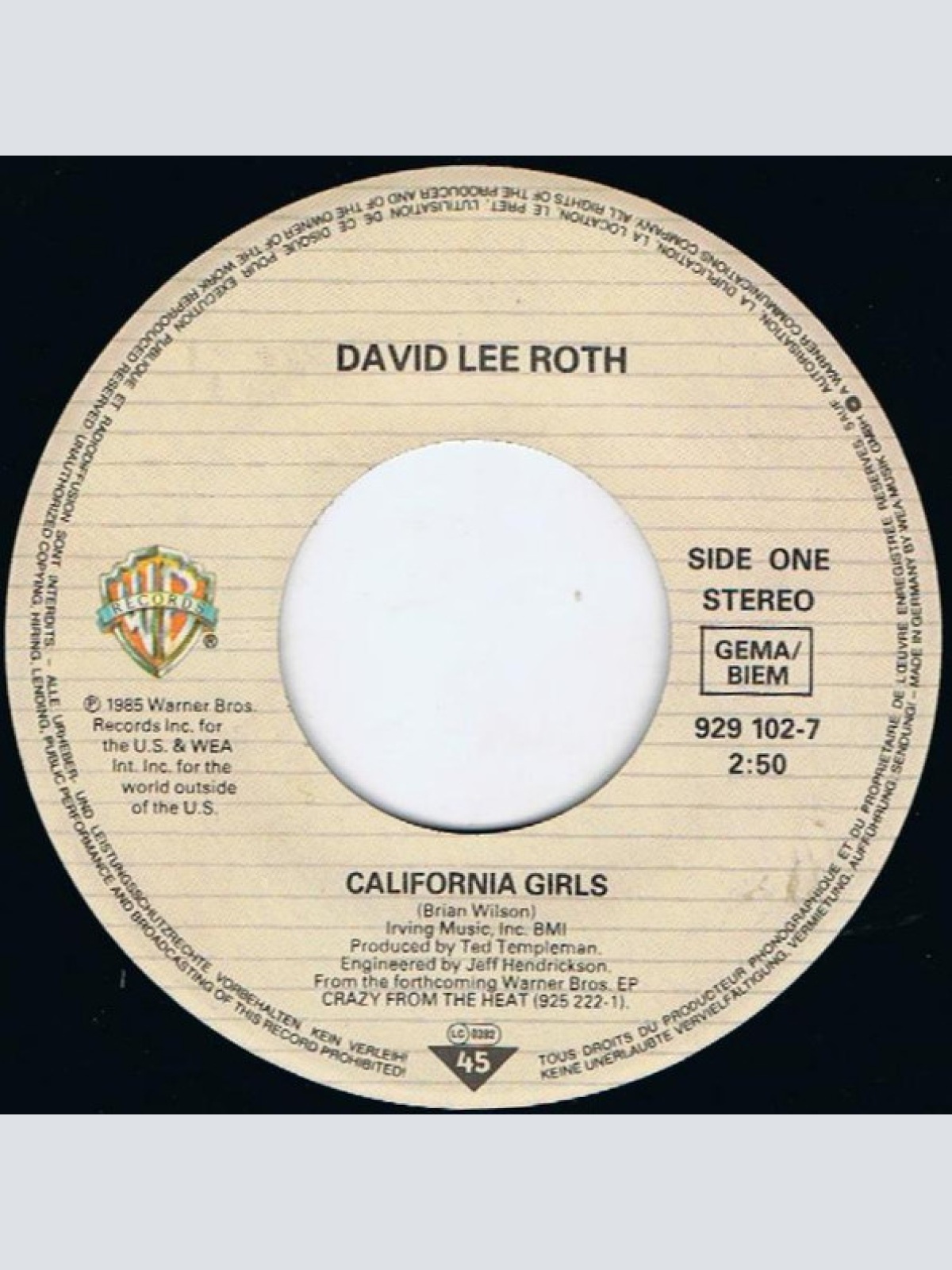 Vinyl / David Lee Roth - California Girls