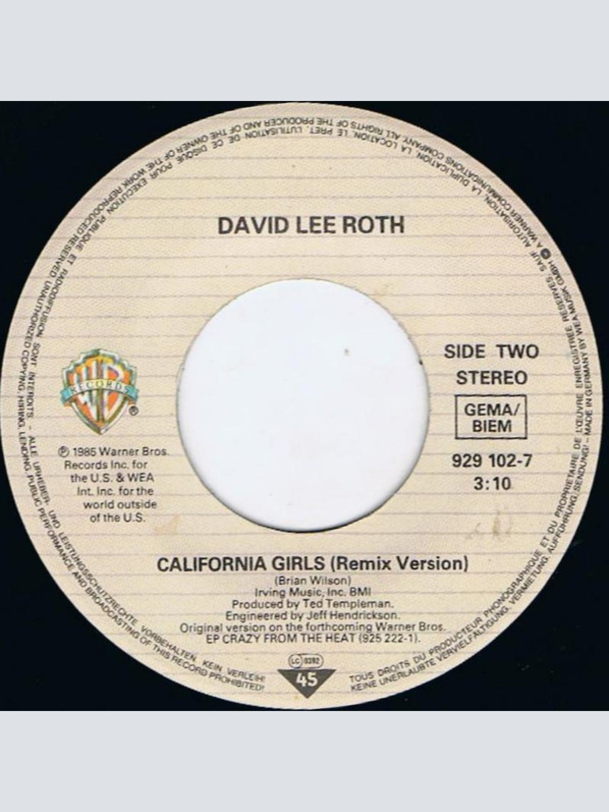 Vinyl / David Lee Roth - California Girls