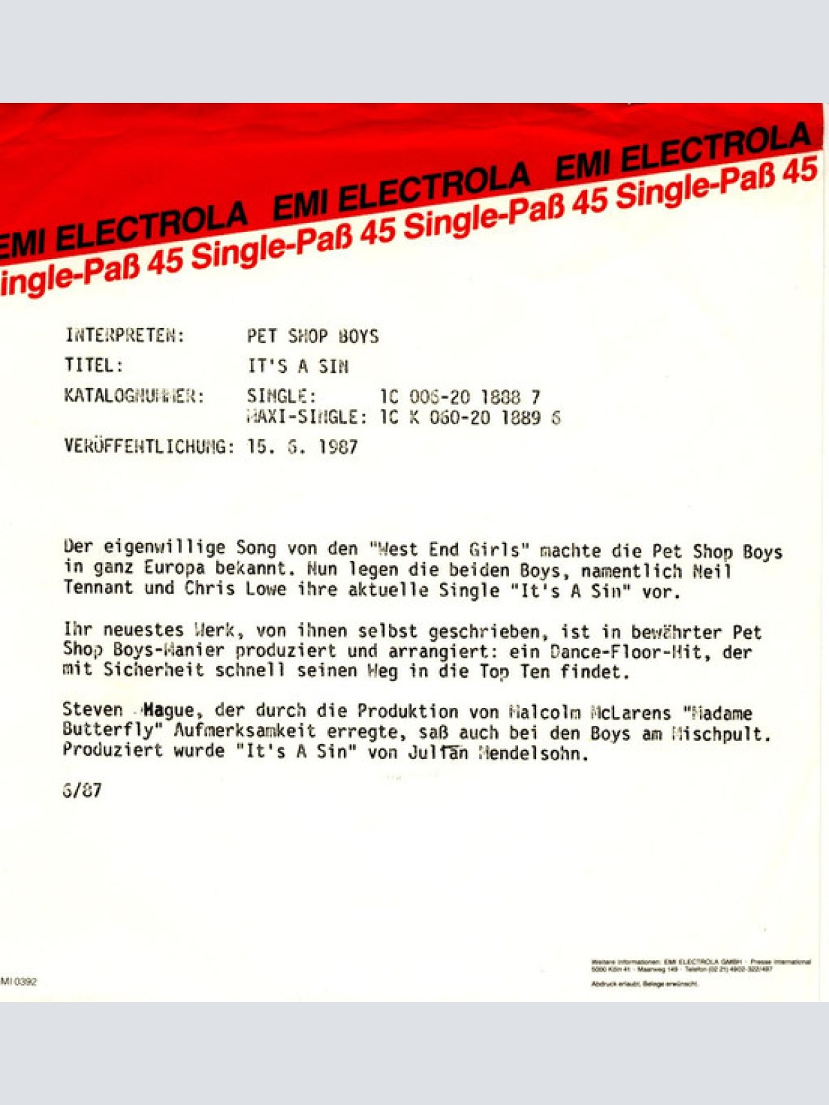 Vinyl / Pet Shop Boys - It's A Sin