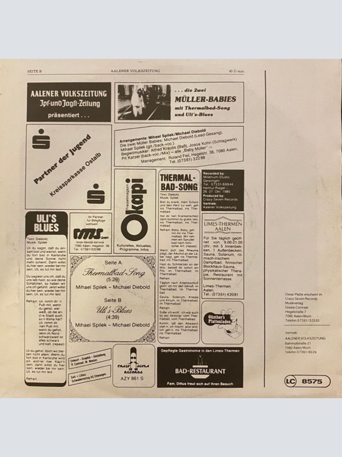 Vinyl / Die 2wei Müller-Babies - Thermalbad-Song & Uli's Blues