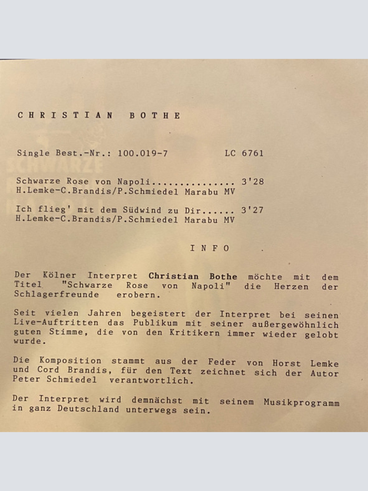 Vinyl / Christian Bothe - Schwarze Rose Von Napoli