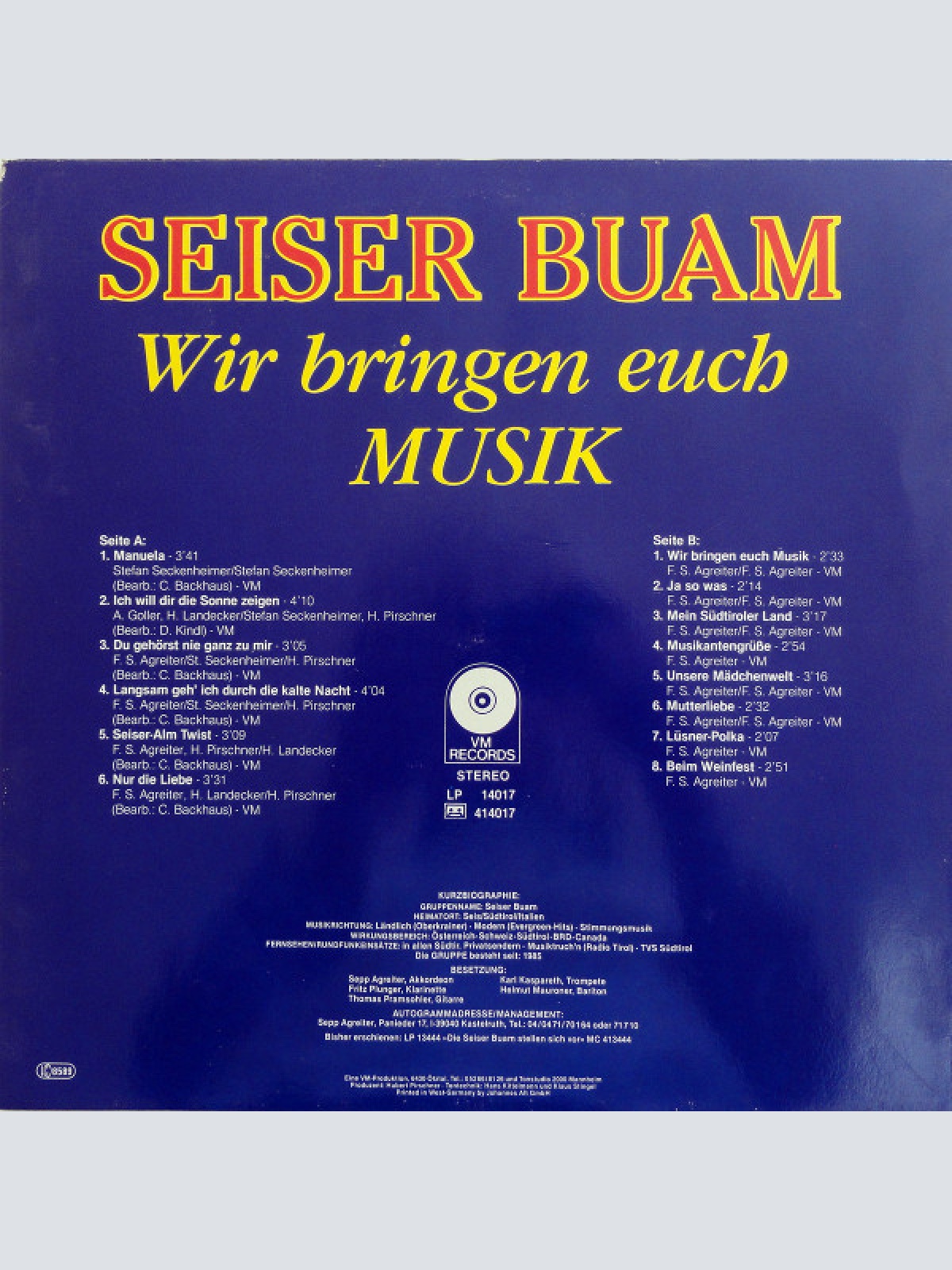 Vinyl / Seiser Buam - Wir Bringen Euch Musik