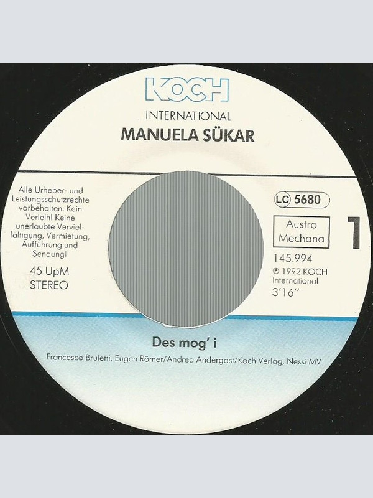Vinyl / Manuela Sükar - Des Mog' I