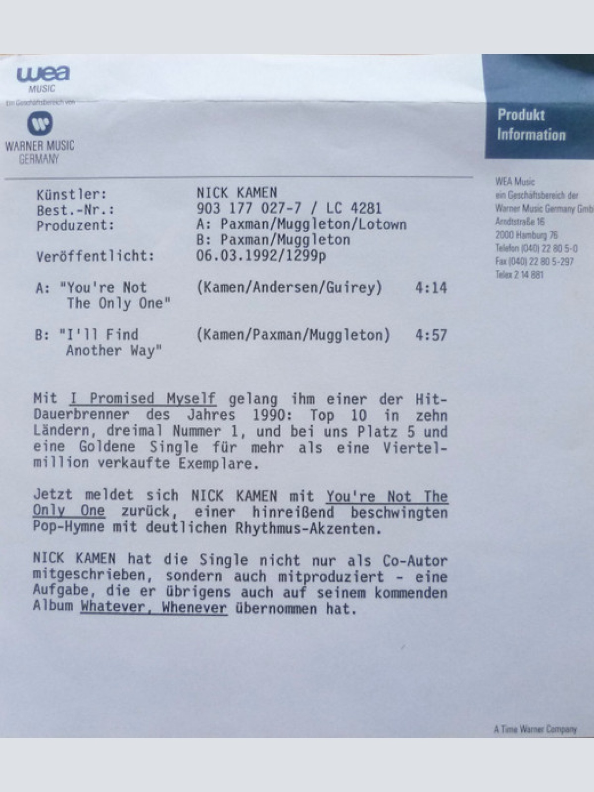 Vinyl / Nick Kamen - You're Not The Only One