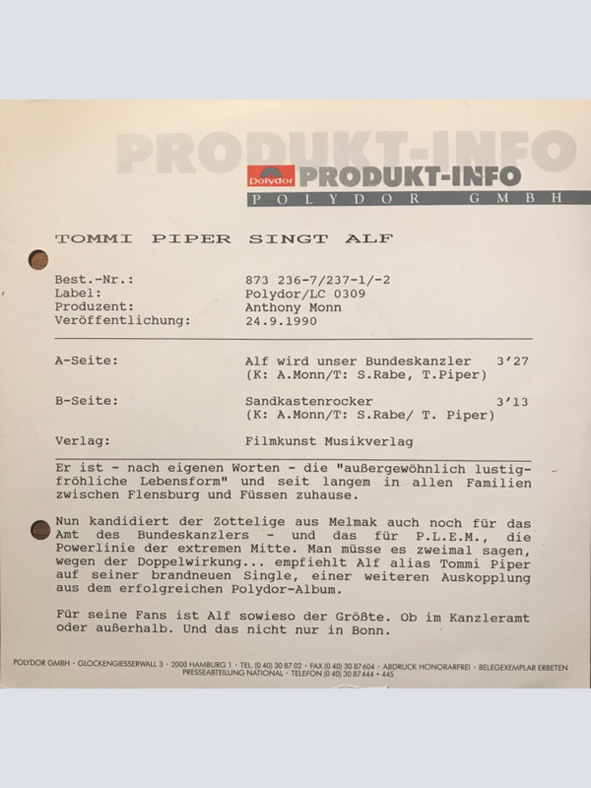 Vinyl / Tommi Piper* Singt ALF (2) - ALF Wird Unser Bundeskanzler