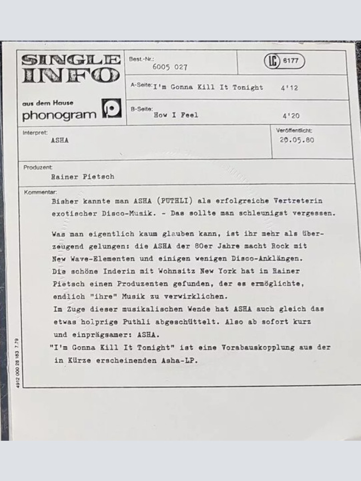 Vinyl / Asha* - I'm Gonna Kill It Tonight