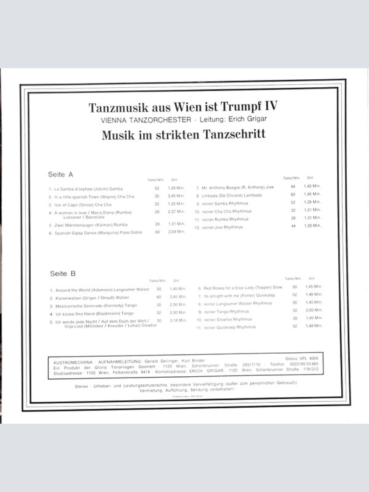 Vinyl / Vienna Tanzorchester Leitung: Erich Grigar - Tanzmusik Aus Wien Ist Trumpf IV - Musik Im Strikten Tanzschritt