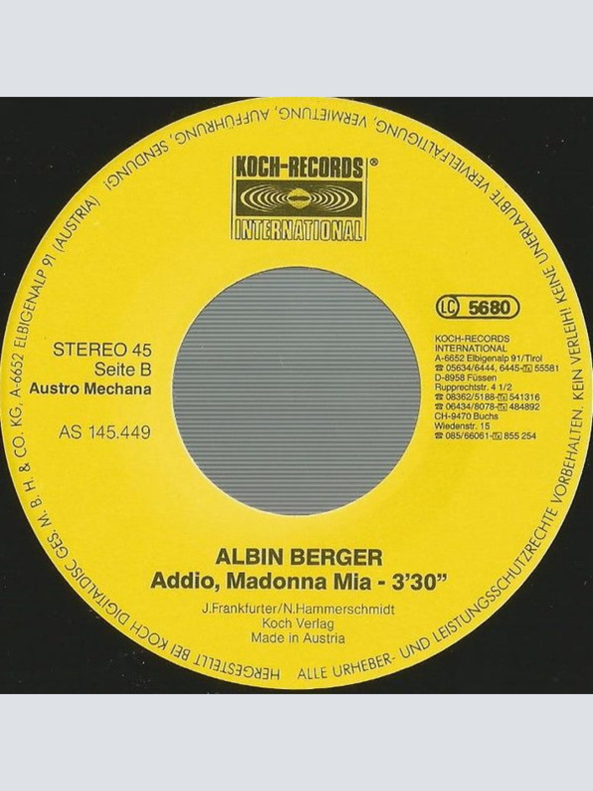 Vinyl / Albin Berger - Lieben Heißt... / Addio Madonna Mia