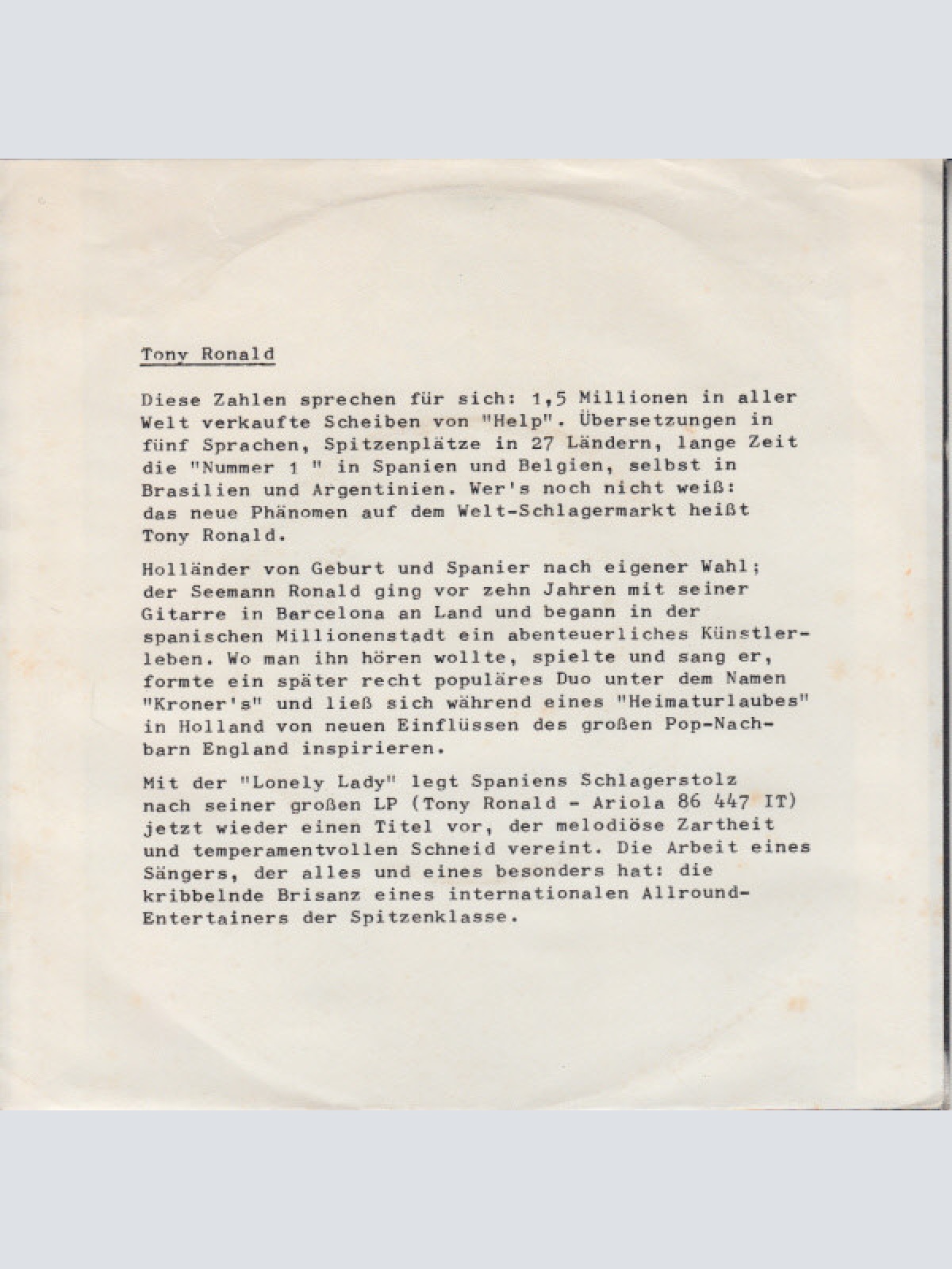 Vinyl / Tony Ronald - Lonely Lady