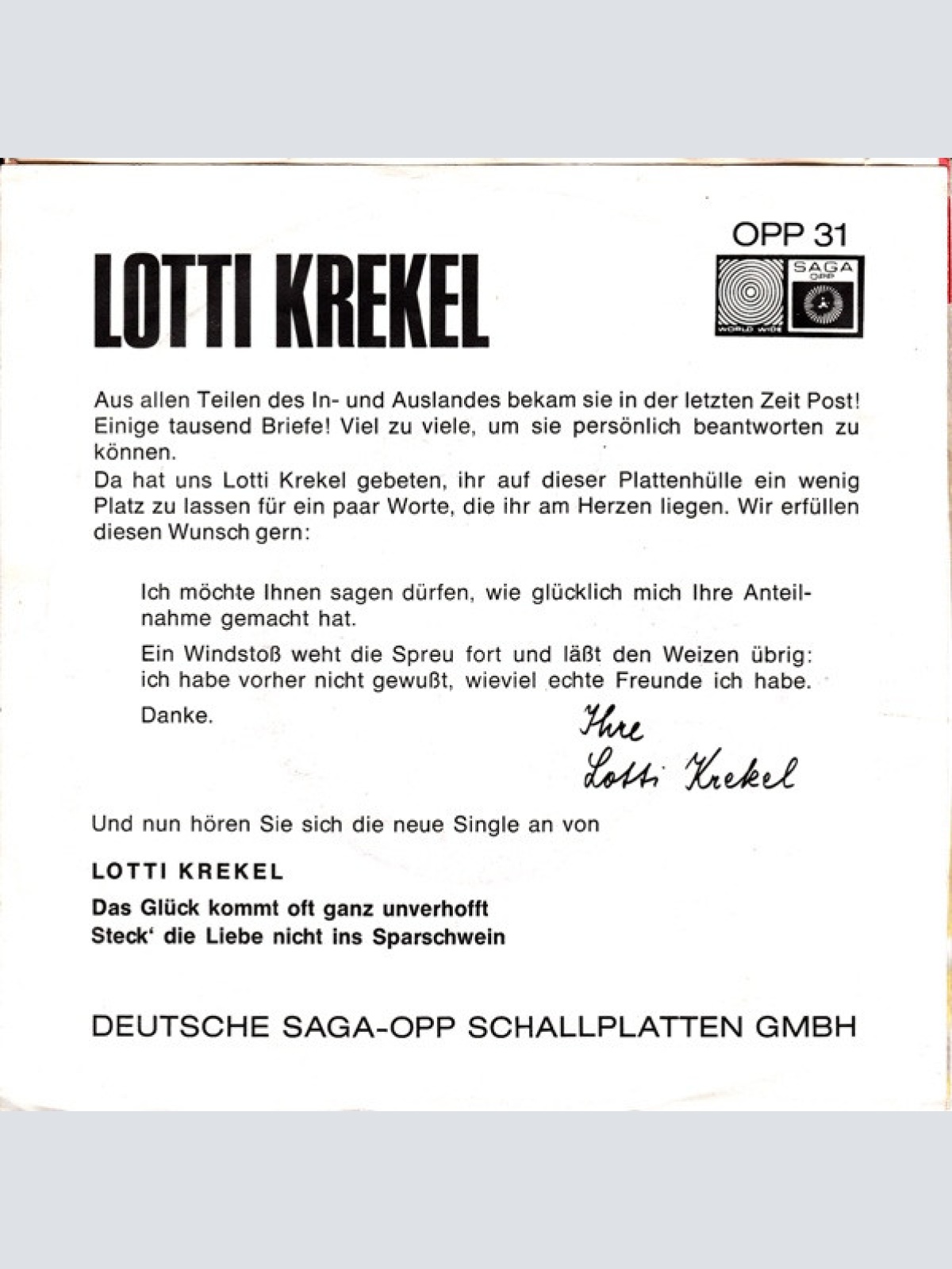Vinyl / Lotti Krekel - Das Glück Kommt Oft Ganz Unverhofft