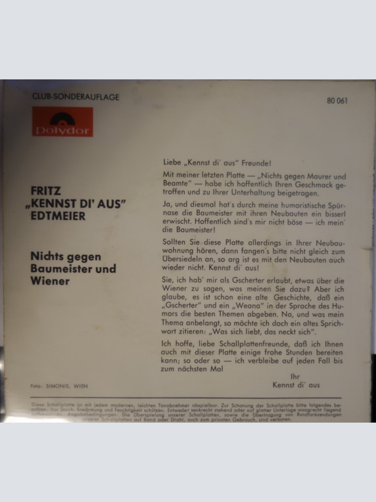 Vinyl / Fritz "Kennst Di' Aus" Edtmeier* - Nichts Gegen Baumeister Und Wiener