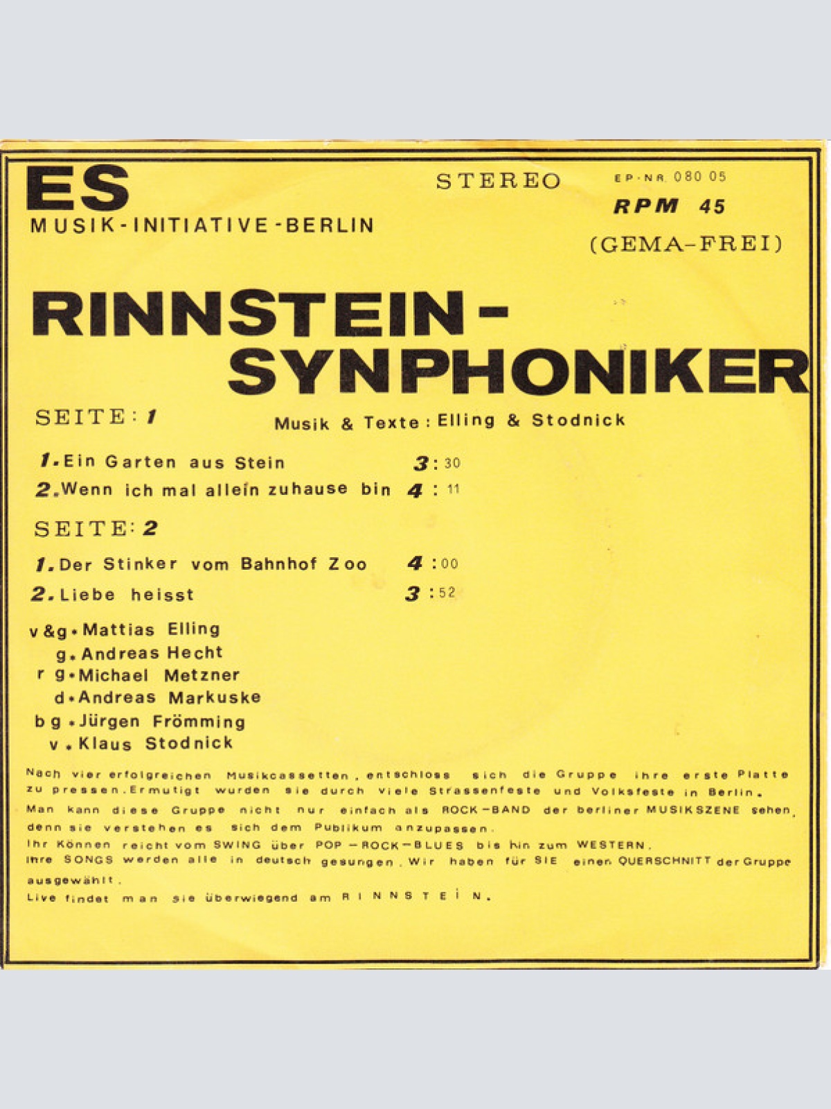 Vinyl / Rinnsteinsynphoniker - Ein Garten Aus Stein