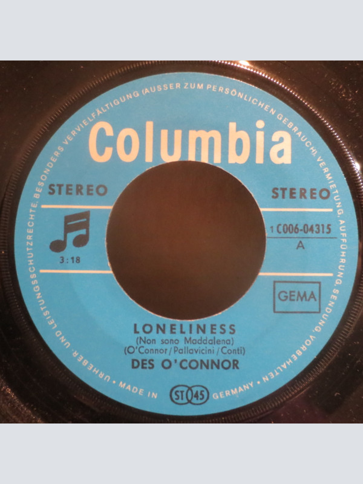 Vinyl / Des O'Connor - Loneliness / With Love