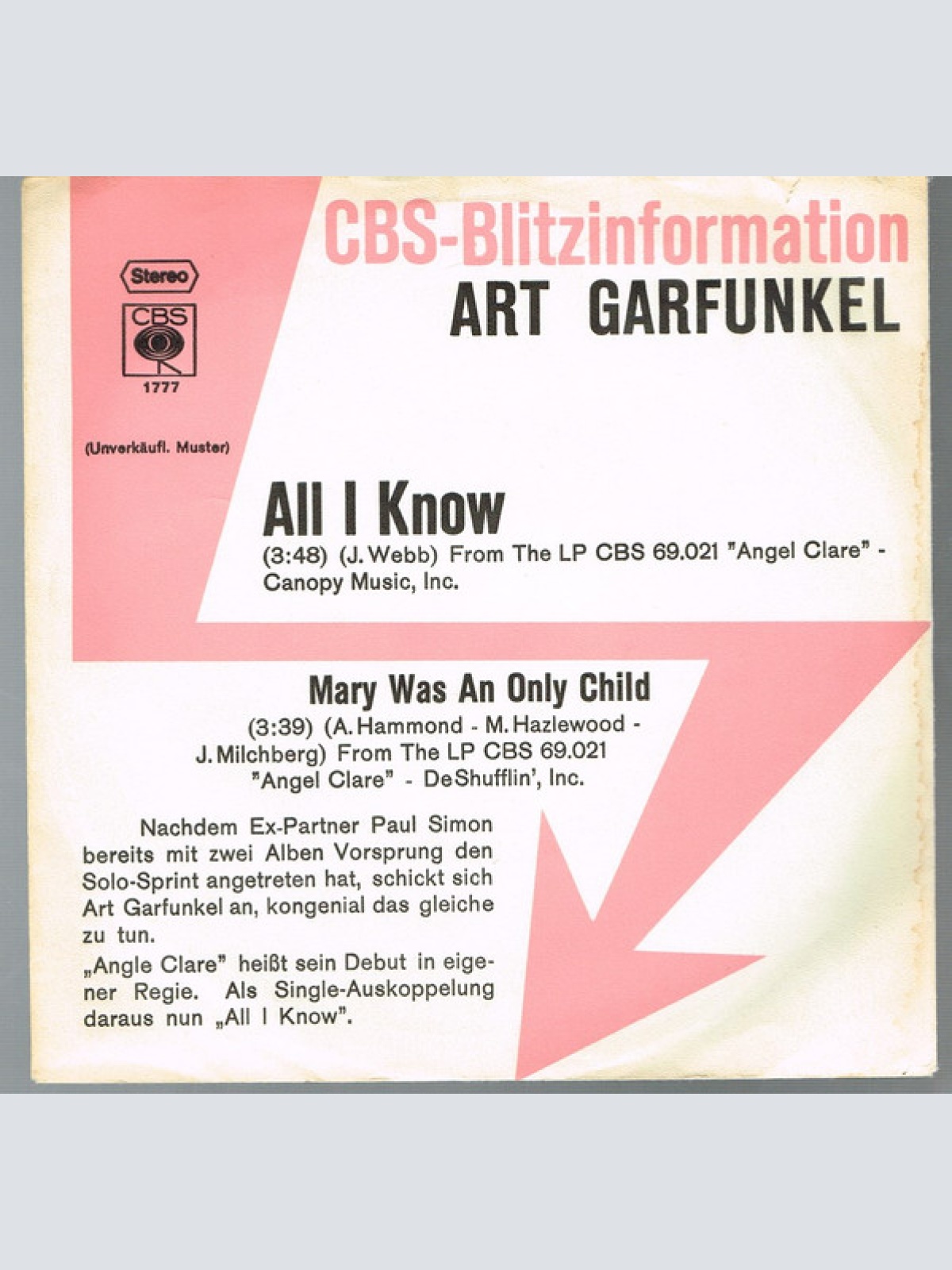 Vinyl / Art Garfunkel - All I Know / Mary Was An Only Child