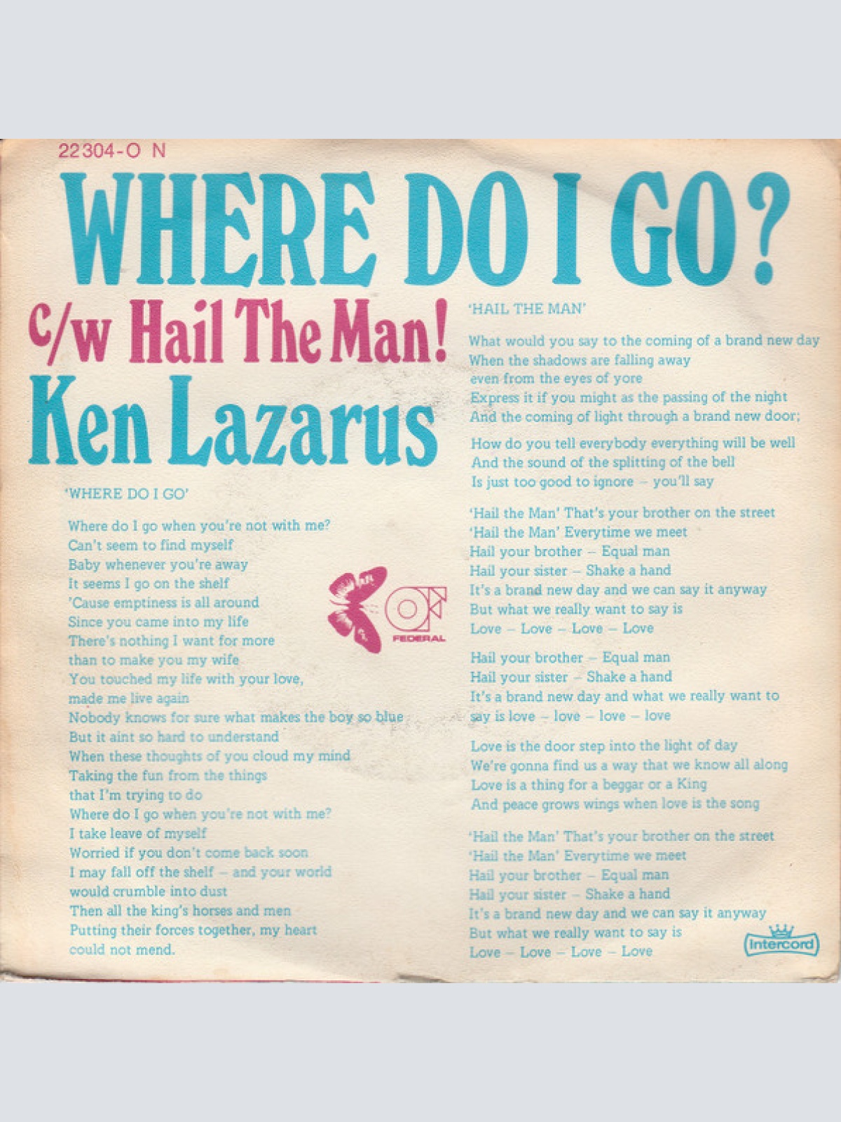 Vinyl / Ken Lazarus - Hail The Man / Where Do I Go