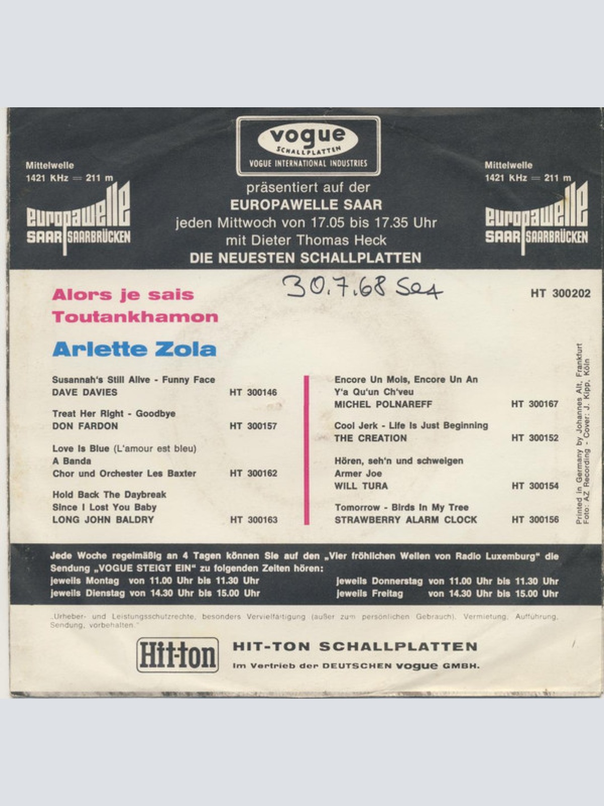 Vinyl / Arlette Zola - Alors Je Sais / Toutank-Hamon