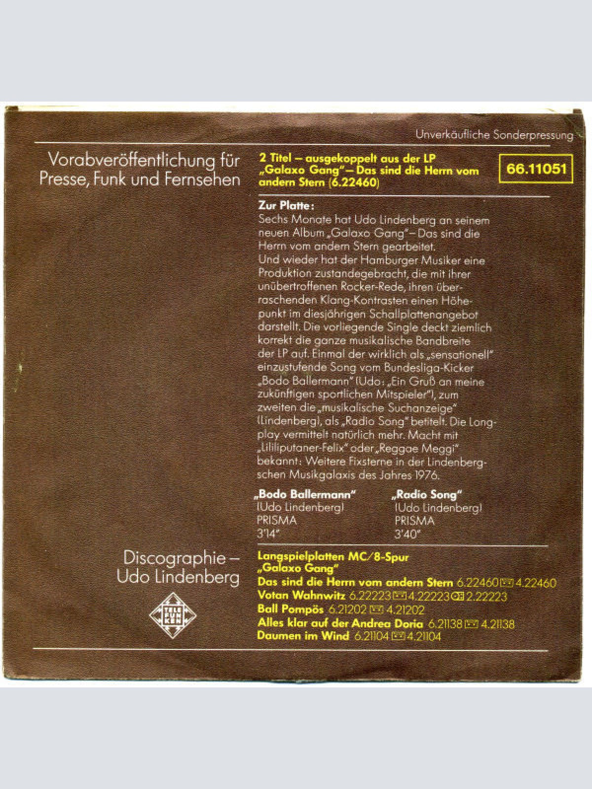 Vinyl / Udo Lindenberg Und Das Panikorchester - Galaxo Gang (Das Sind Die Herrn Vom Andern Stern)