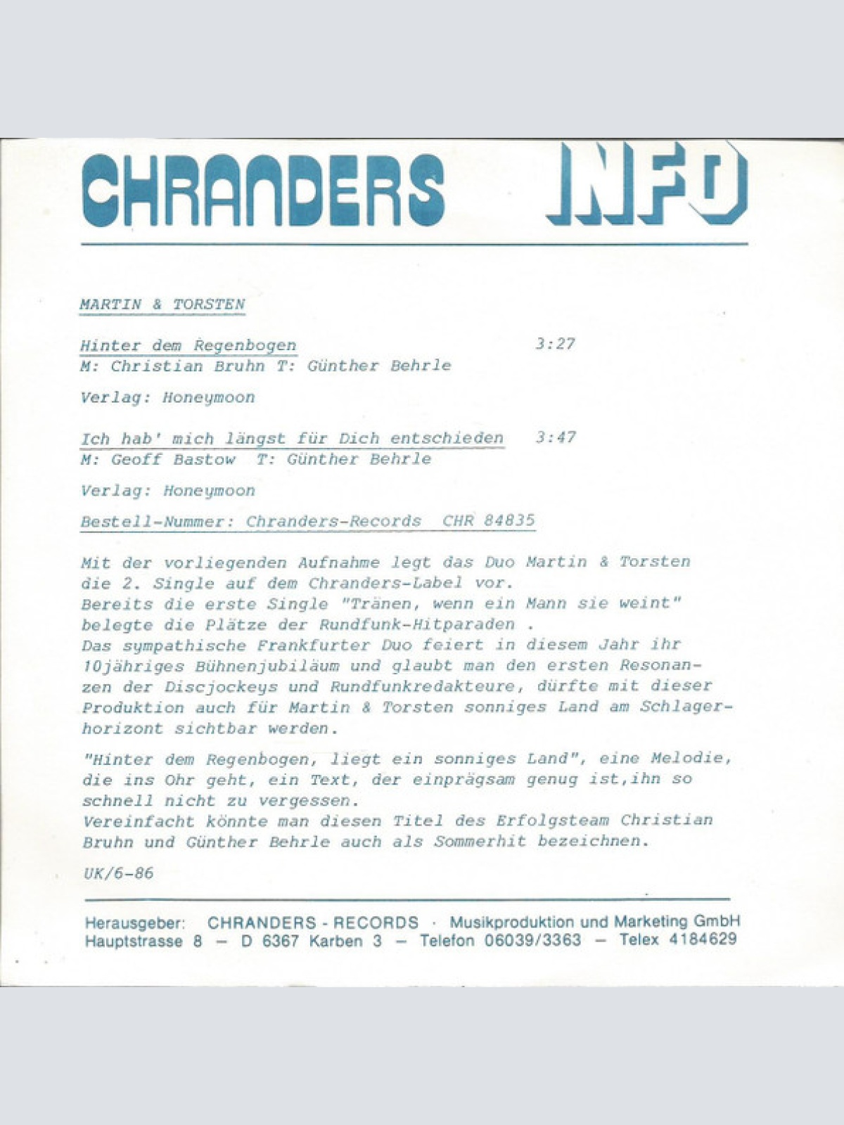 Vinyl / Martin & Torsten - Hinter Dem Regenbogen