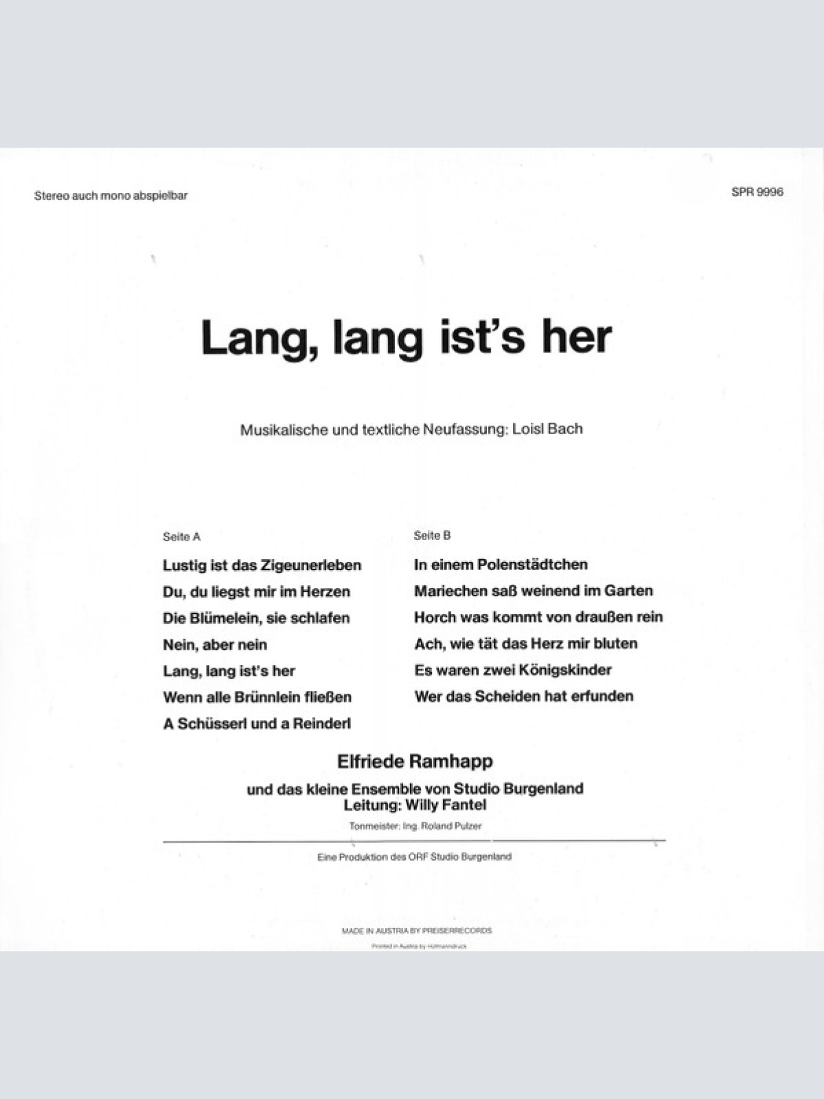 Vinyl / Elfriede Ramhapp - Lang, Lang Ist's Her