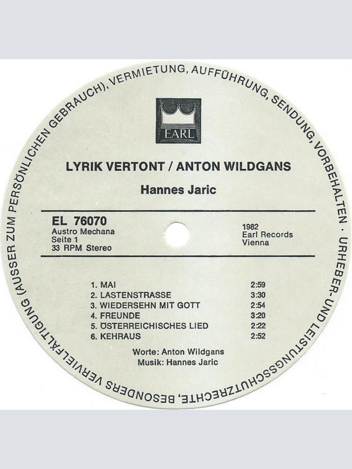 Vinyl / Hannes Jaric - Lyrik Vertont / Anton Wildgans