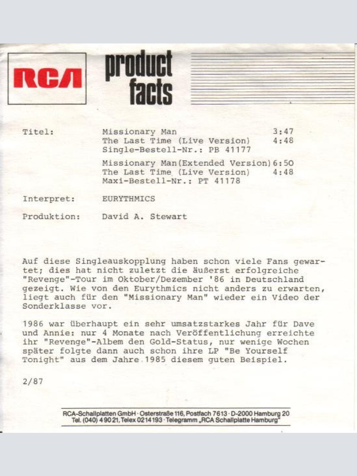 Vinyl / Eurythmics - Missionary Man