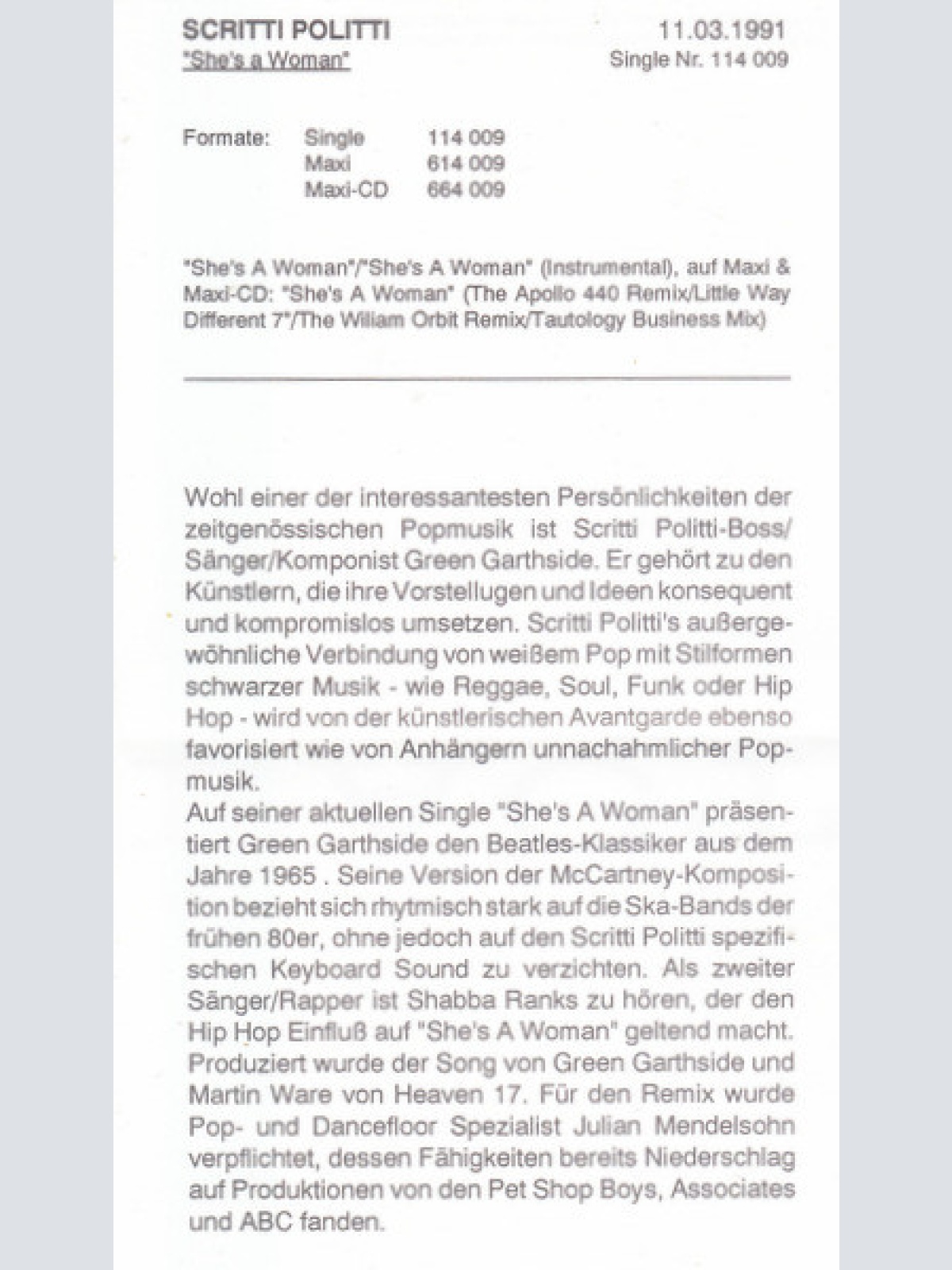 Vinyl / Scritti Politti - She's A Woman