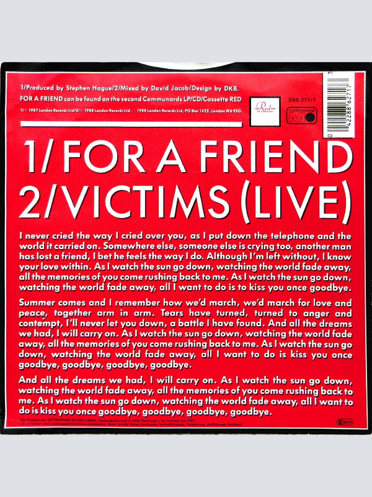 Vinyl / The Communards - For A Friend