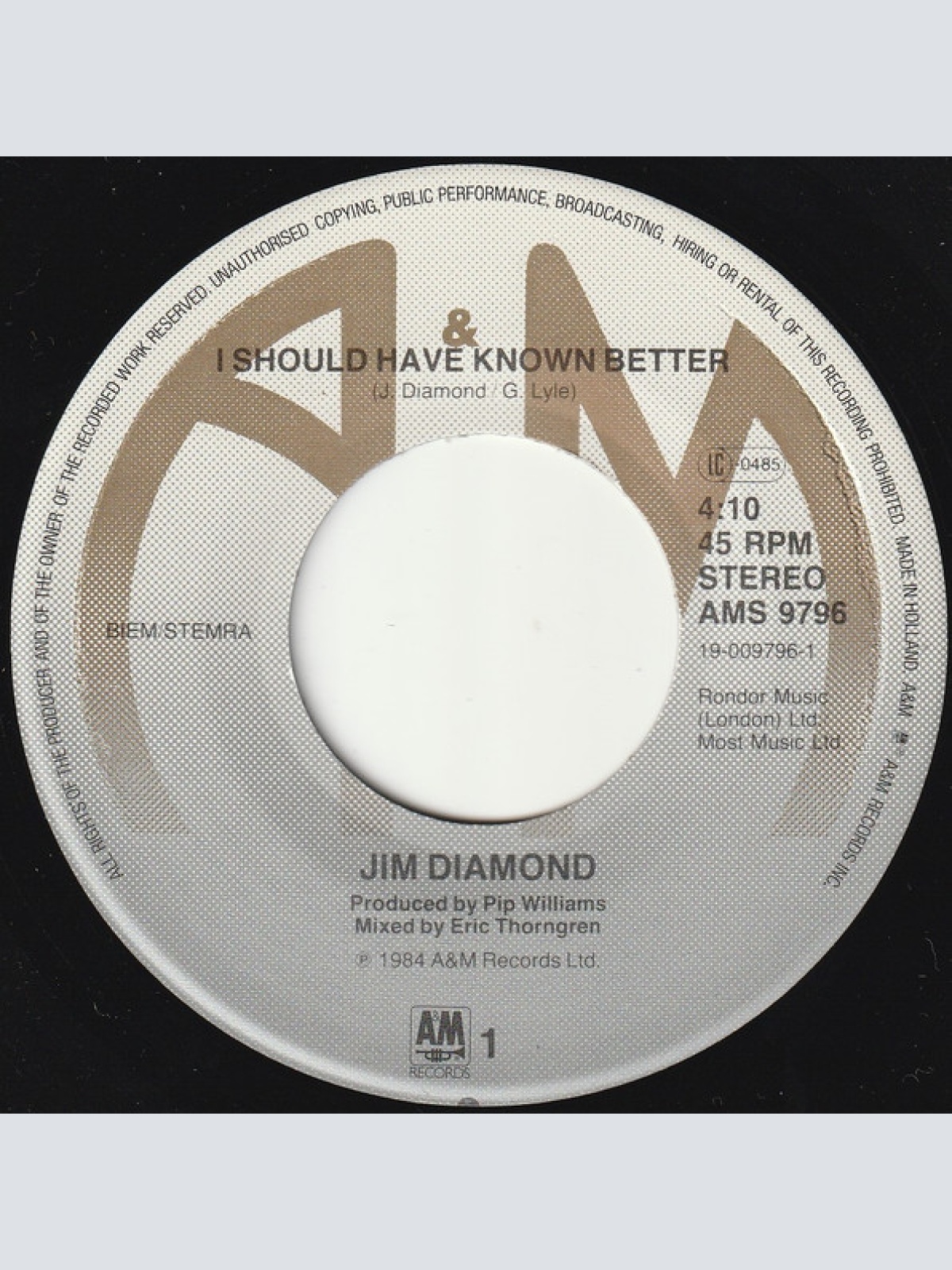 Vinyl / Jim Diamond - I Should Have Known Better