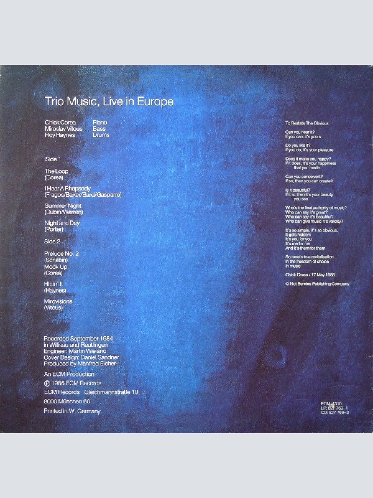 Vinyl / Chick Corea, Miroslav Vitous, Roy Haynes - Trio Music, Live In Europe