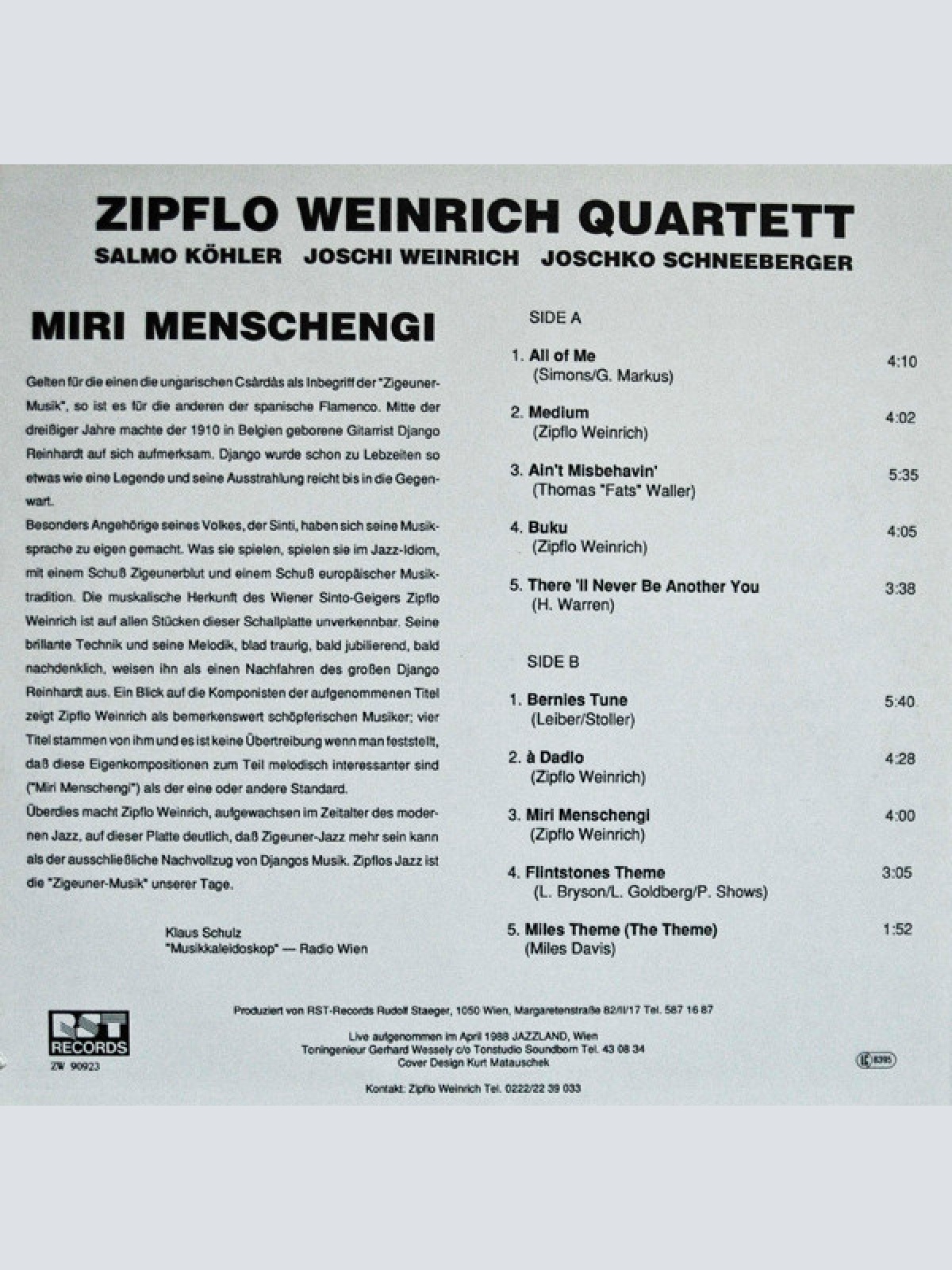 Vinyl / Zipflo Weinrich Quartett - Miri Menschengi